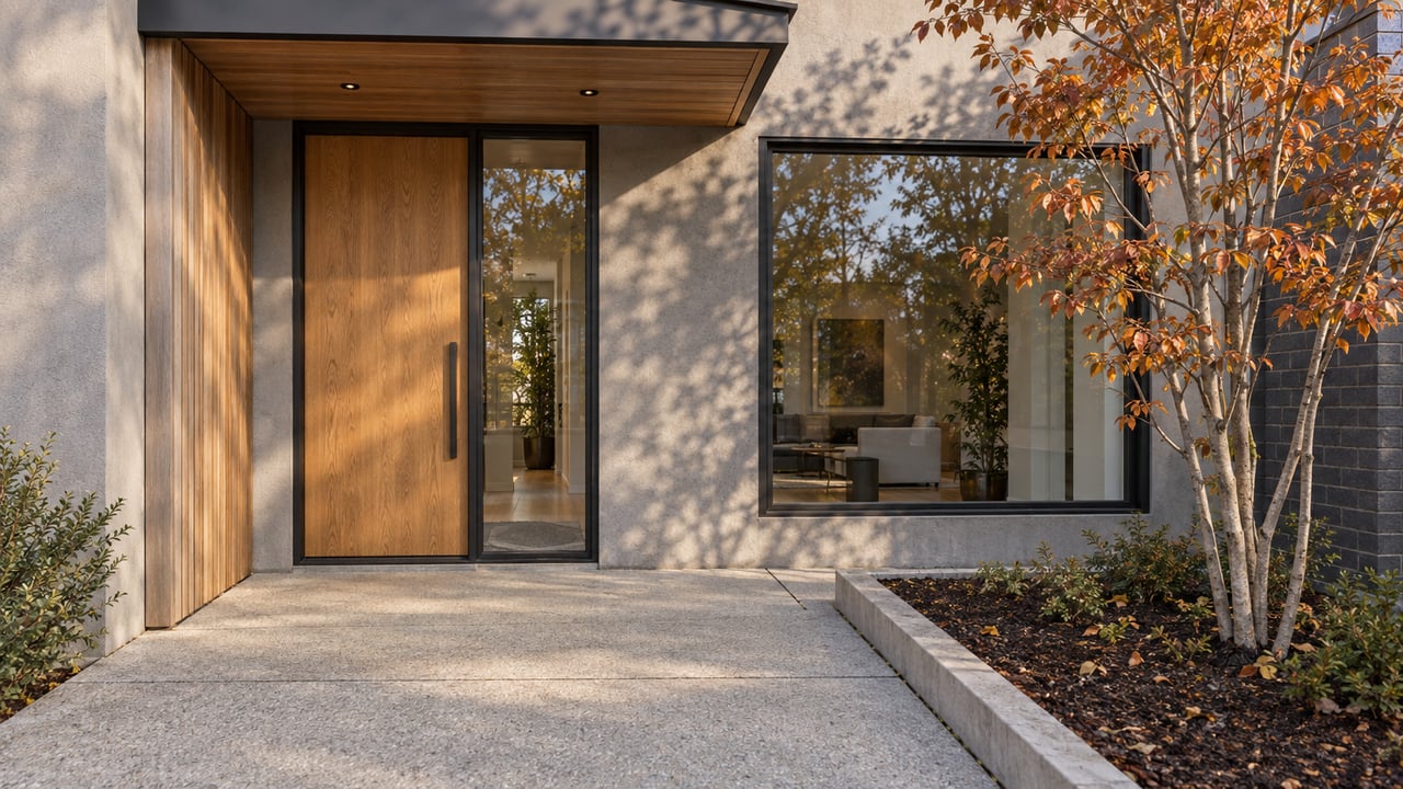 Autumn light on a contemporary home's oak entry, gray stucco, dark-framed windows, and a copper-leaved serviceberry in a raised planting bed.