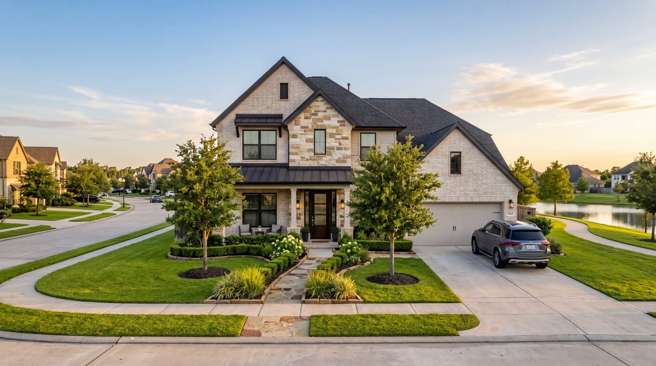 Modern two-story brick and stone home in a West Katy master-planned community in Houston, framed by manicured landscaping, young oak trees, and a community lake at golden hour.