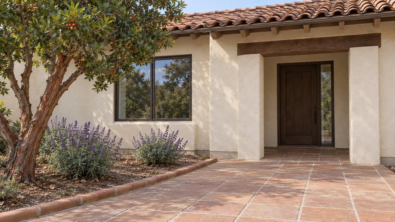 Cream stucco home with a clay tile roof, recessed oak entry, terracotta approach and a sculptural strawberry tree.