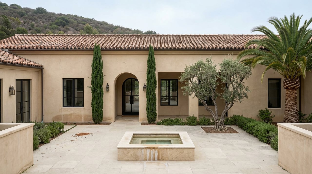 Mediterranean estate courtyard with a central fountain, arched entry, cypress trees, and a gnarled olive tree.