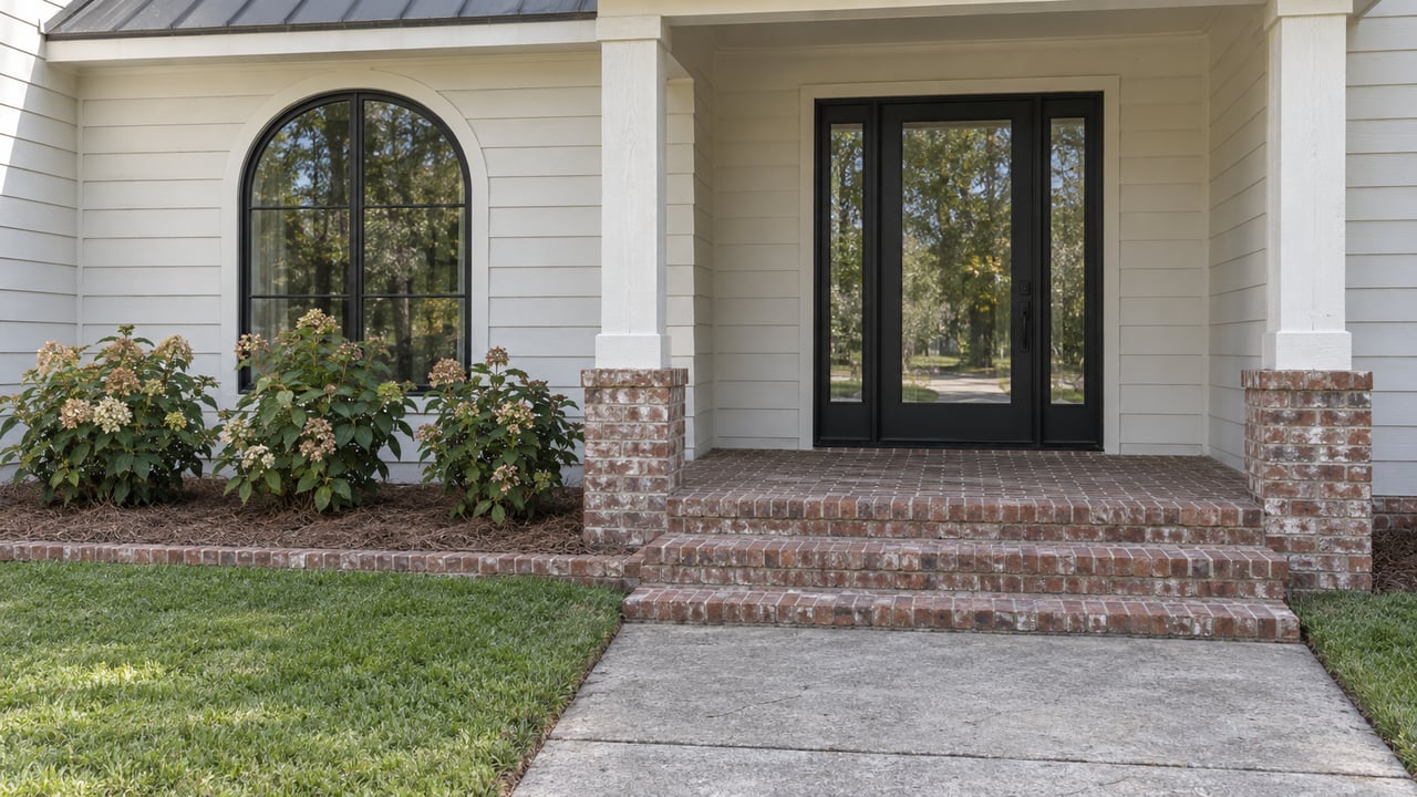 Warm-white home with a shaded brick porch, black-framed arched window and glass entry, bordered by oakleaf hydrangeas and lawn.
