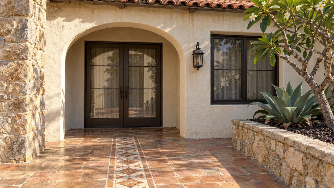Cream stucco villa entrance with a shaded arched glass doorway, warm granite masonry, clay tile paving and sculptural planting.
