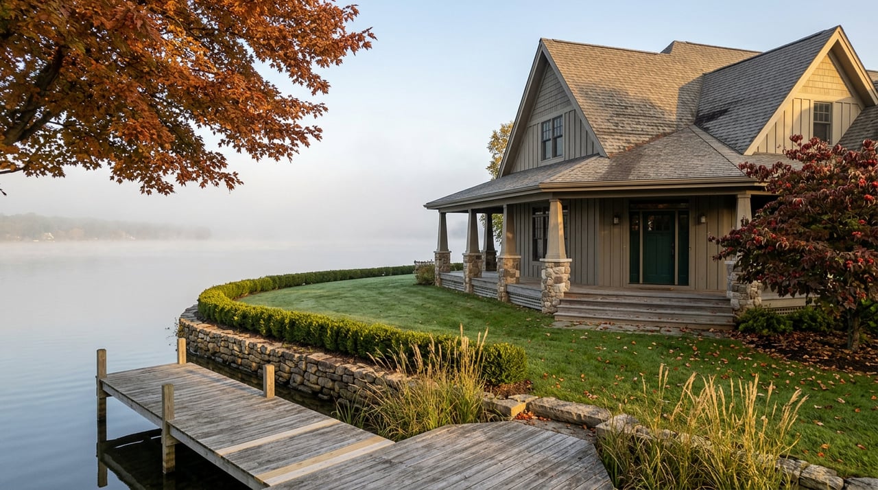 Two-story house with wraparound porch, red maple, stone retaining wall, and dock beside misty water.