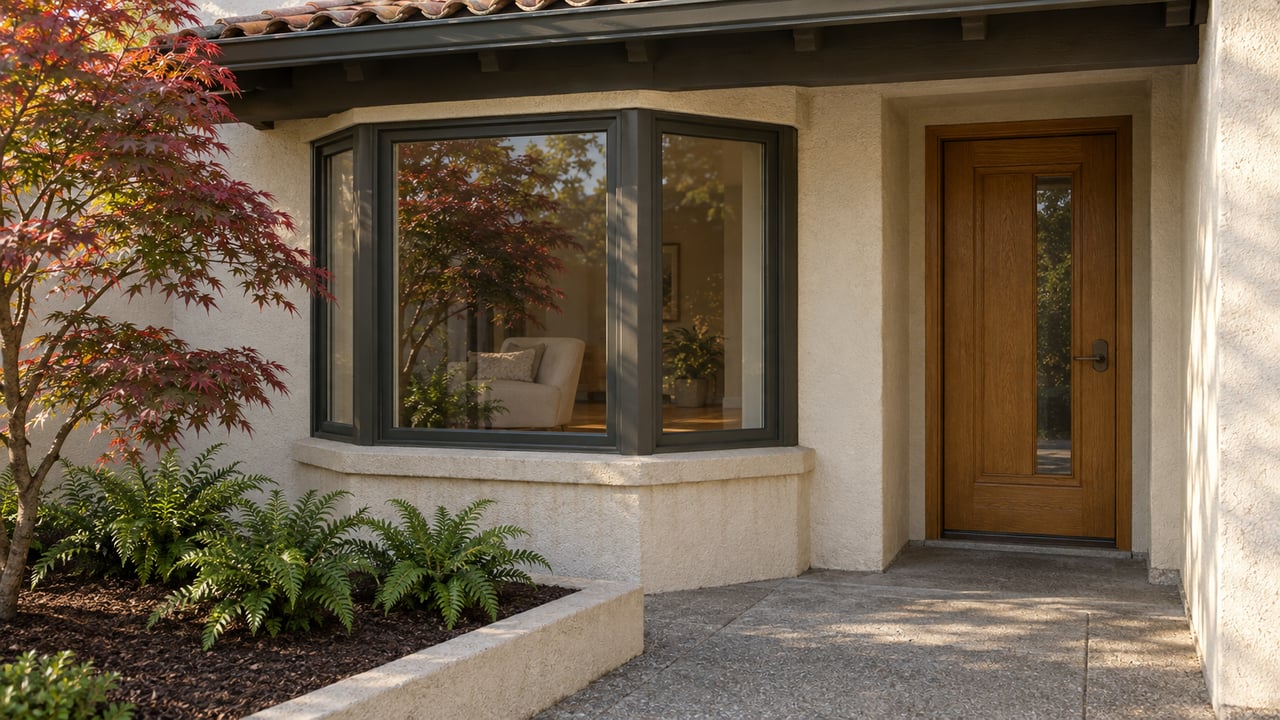 Cream stucco home with a glazed projecting bay, recessed oak entry door, worn concrete terrace and Japanese maple.