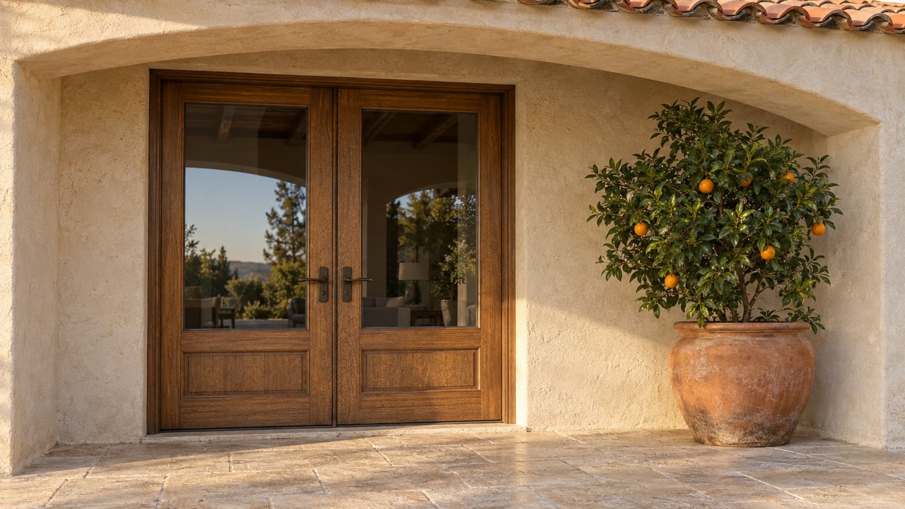 Paired glazed oak doors beneath a cream stucco arch, opening onto a worn limestone terrace beside a potted mandarin tree.