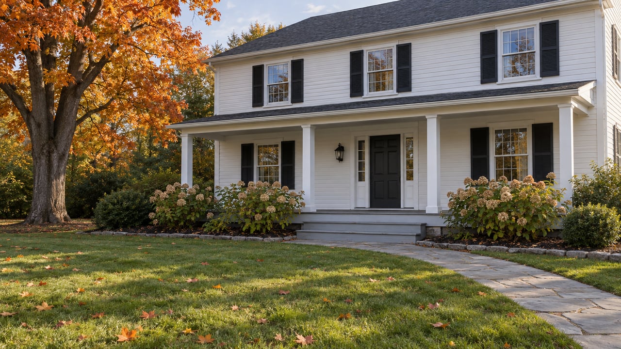 White clapboard home with black shutters and a covered porch overlooking a deep autumn lawn beside an amber sugar maple.