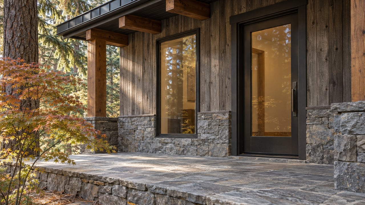 Covered entry with a dark bronze door, cedar siding, stone landing, and fir canopy.