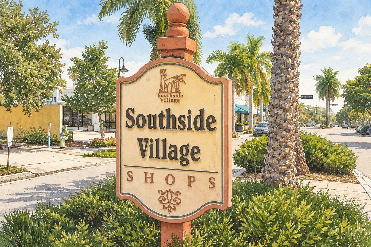 Southside Village Shops sign framed by palm trees and landscaped sidewalks.