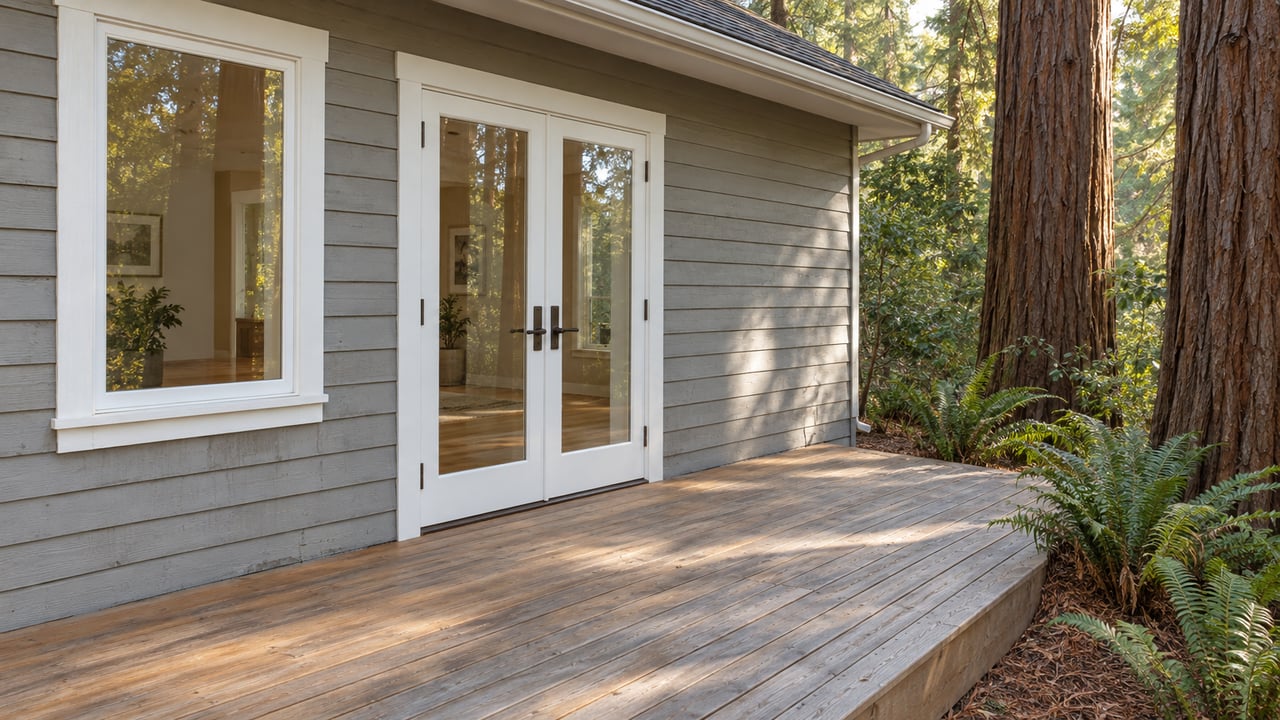 Closed white French doors in gray wood siding beside a cedar terrace, redwood trunks and sword ferns.