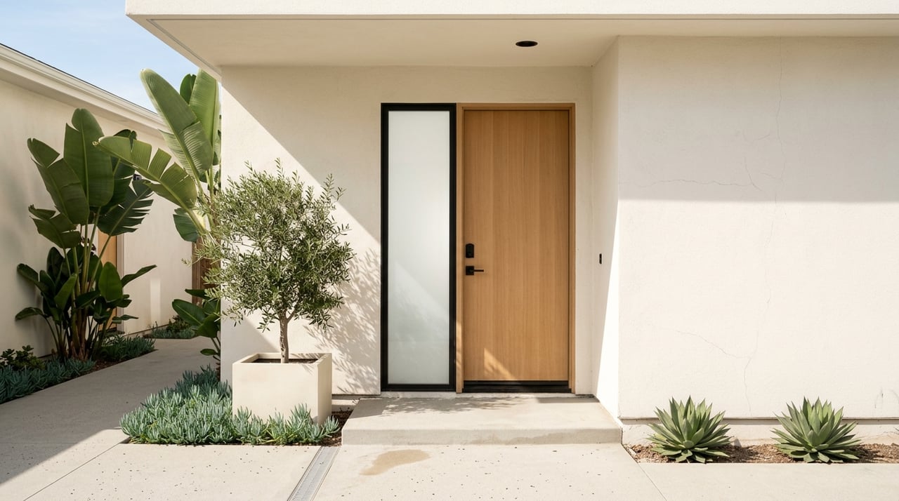 White stucco townhome entry with an oak door, smart lock, clean paving, and drought-tolerant agave.