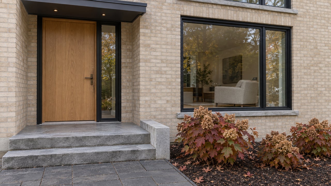 Pale brick home with a sheltered oak entrance, black-framed window, limestone steps and rust-red oakleaf hydrangeas.