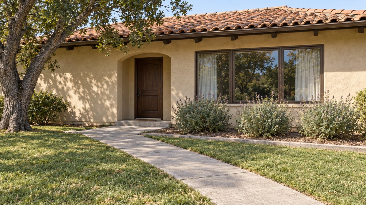 Single-story stucco home with a terracotta roof, shaded wood entry, deep lawn and silver-green flowering shrubs beside a concrete walkway.