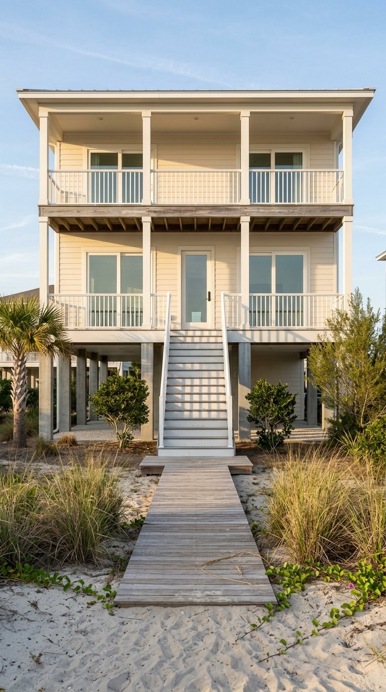Elevated view of stacked coastal balconies above a boardwalk, with dune plants and sky.