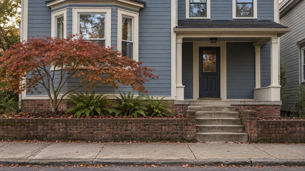Blue-gray two-story house with a bay window, brick garden wall, concrete steps, and a small red-leaved tree.