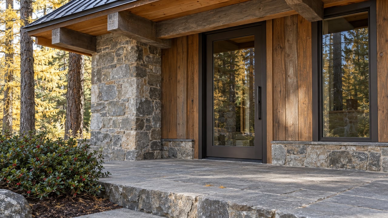 Home entrance with a glass door, timber beams, stone porch, and golden autumn trees.