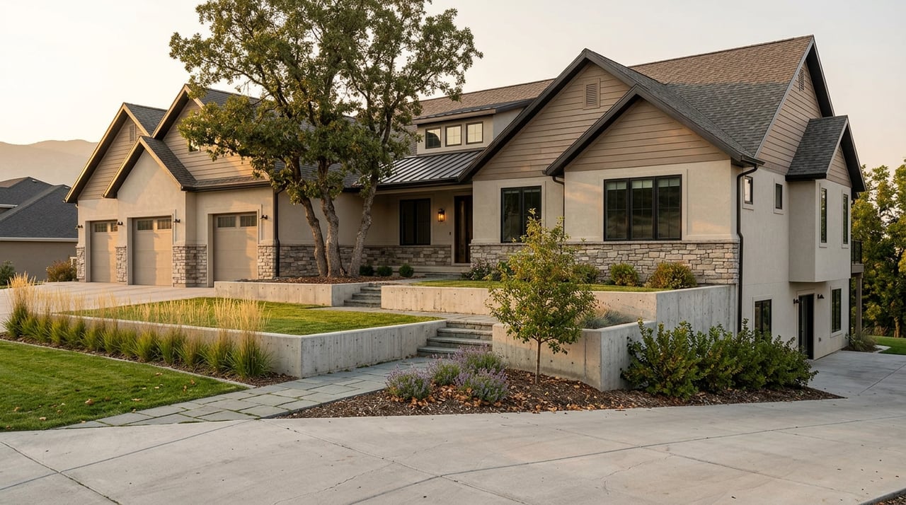 Custom hillside home with two terraced levels, stone retaining walls, and a three-car garage.