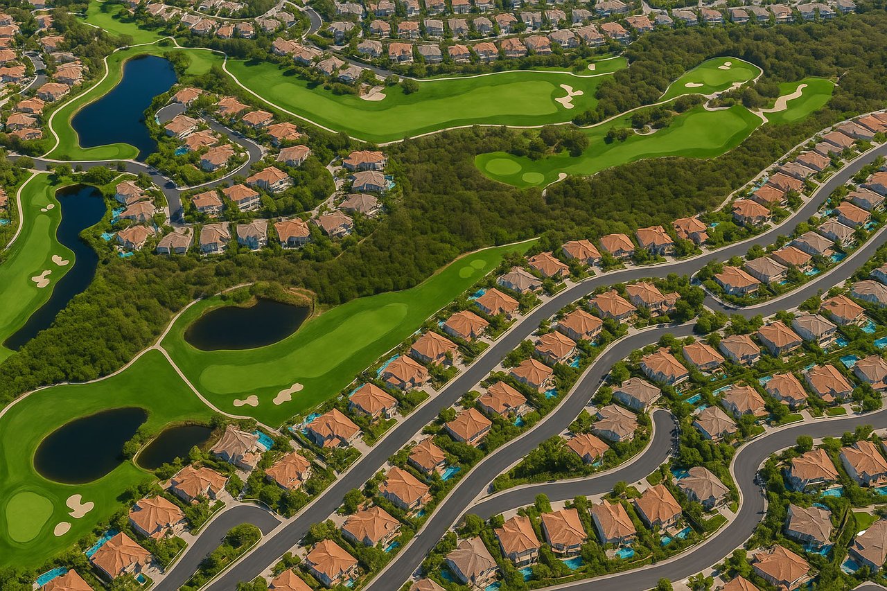 Aerial view of a suburban neighborhood with winding streets, terracotta-roofed houses, swimming pools, and a golf course featuring lush green fairways, sand bunkers, and ponds surrounded by trees.