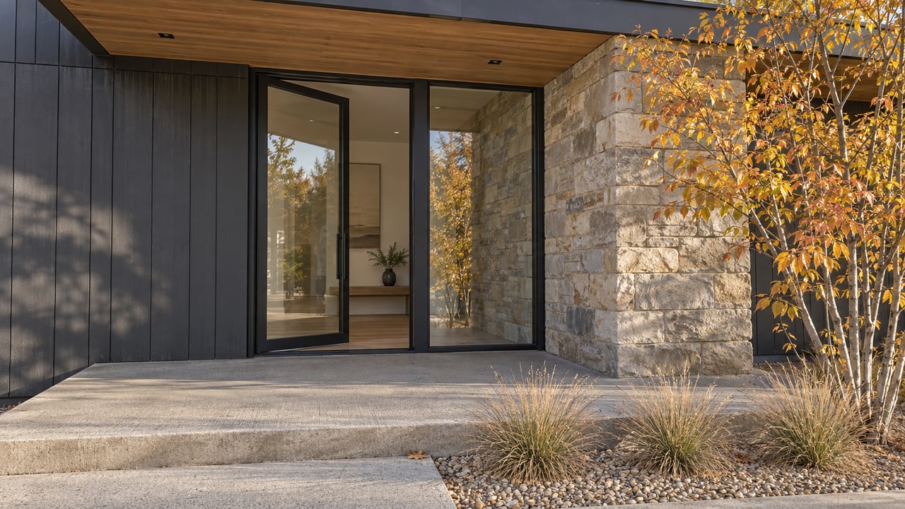 Covered contemporary home entry with charcoal cladding, wood soffit, a sandstone pier and autumn planting beside concrete steps.