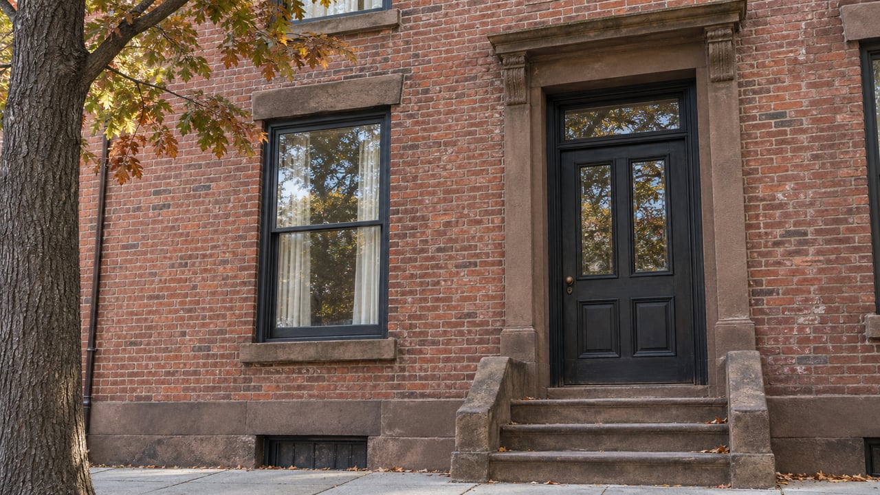Brick townhouse entrance with sandstone stoop, sash windows, and coppering leaves from a street tree.
