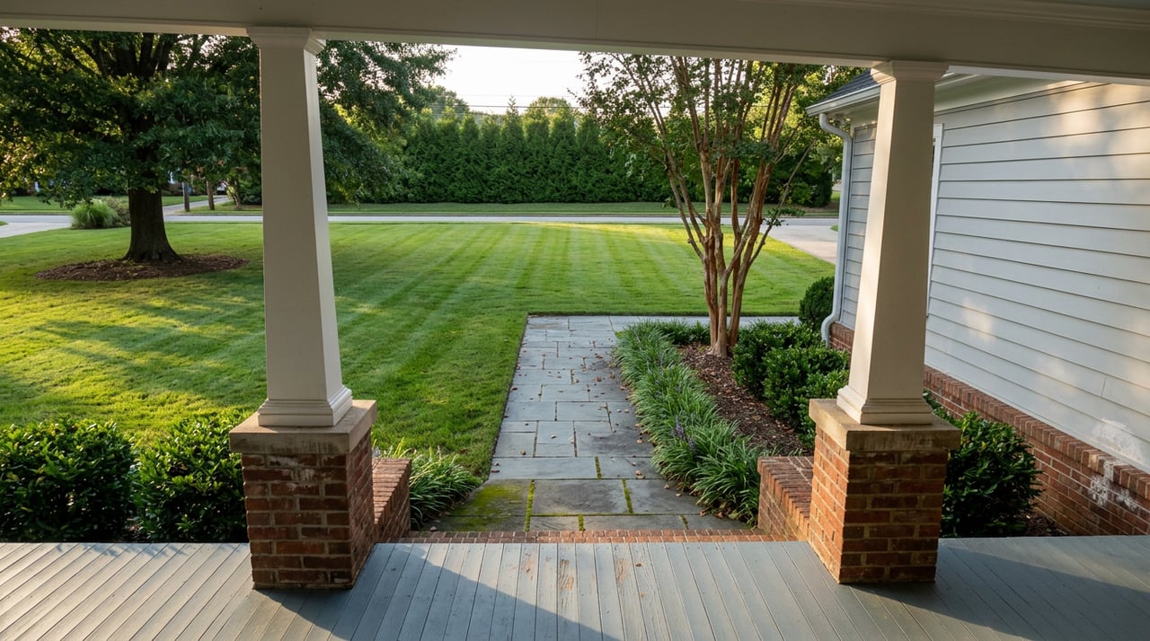 Covered porch with white columns overlooks a broad lawn, bluestone walkway, crape myrtle, and clipped hedge.