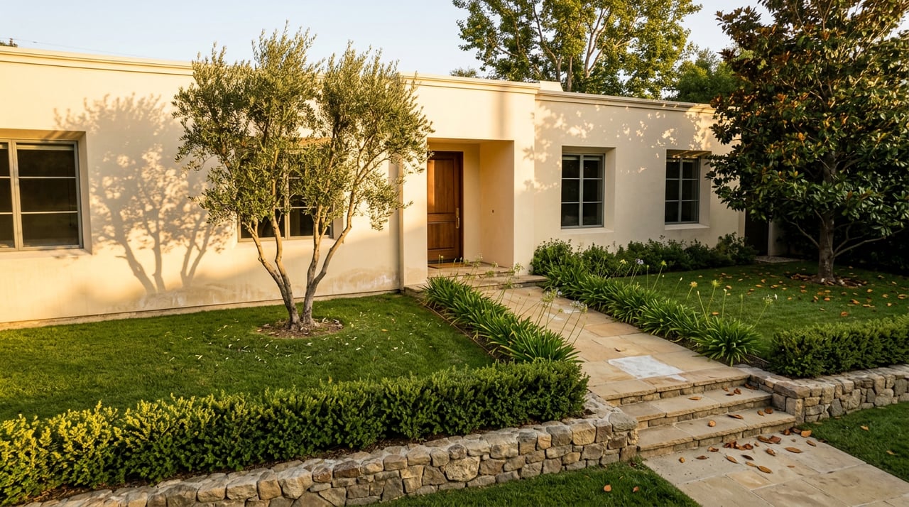 Cream-plaster home with a recessed entry, stone path through the lawn, and olive tree casting dappled shadows.