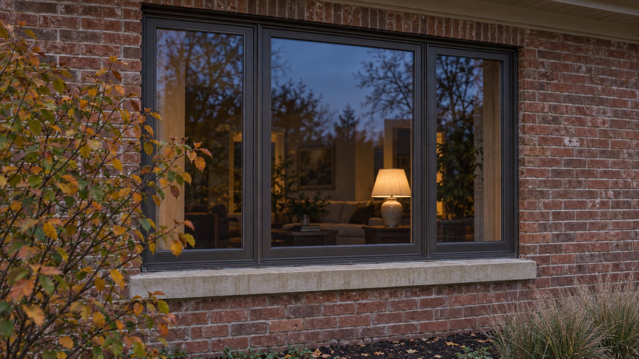 Bronze-framed three-part window in red-brown brick, with a warm lamp glowing behind the glass.