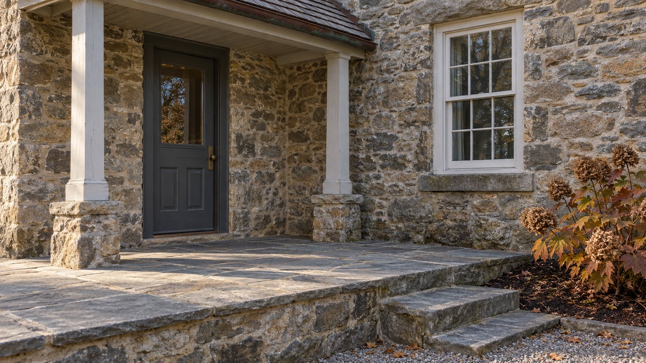 Autumn light on a fieldstone farmhouse entry with a charcoal door, weathered flagstone terrace and russet oakleaf hydrangea.
