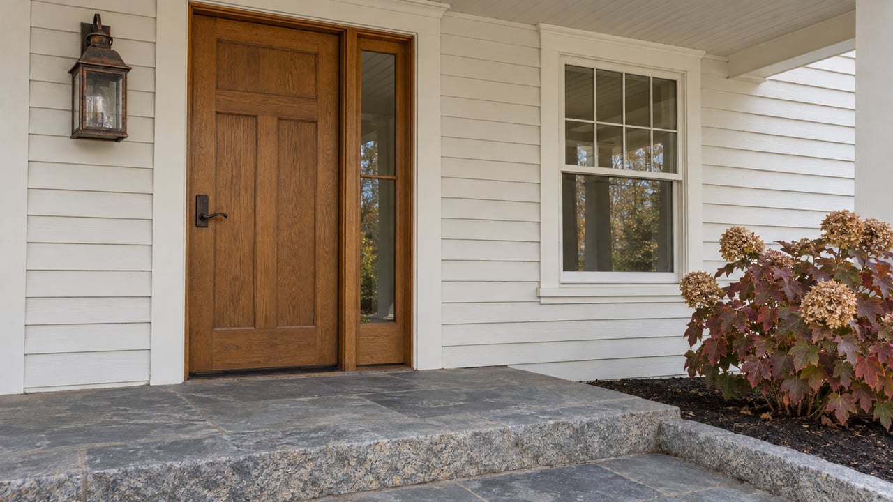 Oak front door and white clapboard facade above a weathered bluestone landing, with burgundy oakleaf hydrangea beside a granite-edged planting bed.