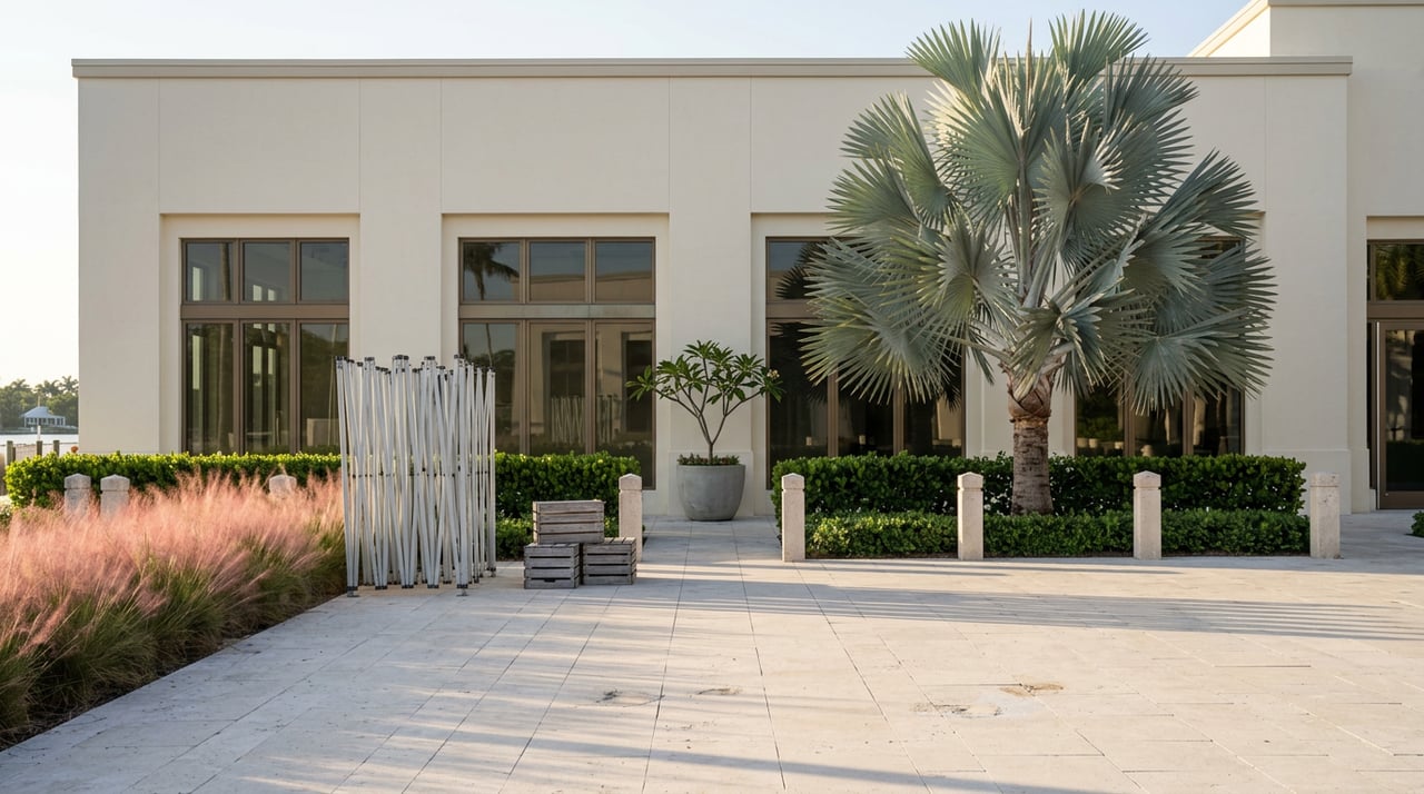 Empty travertine plaza before a market, with folded tent frames, stacked crates, and a silver-blue palm.