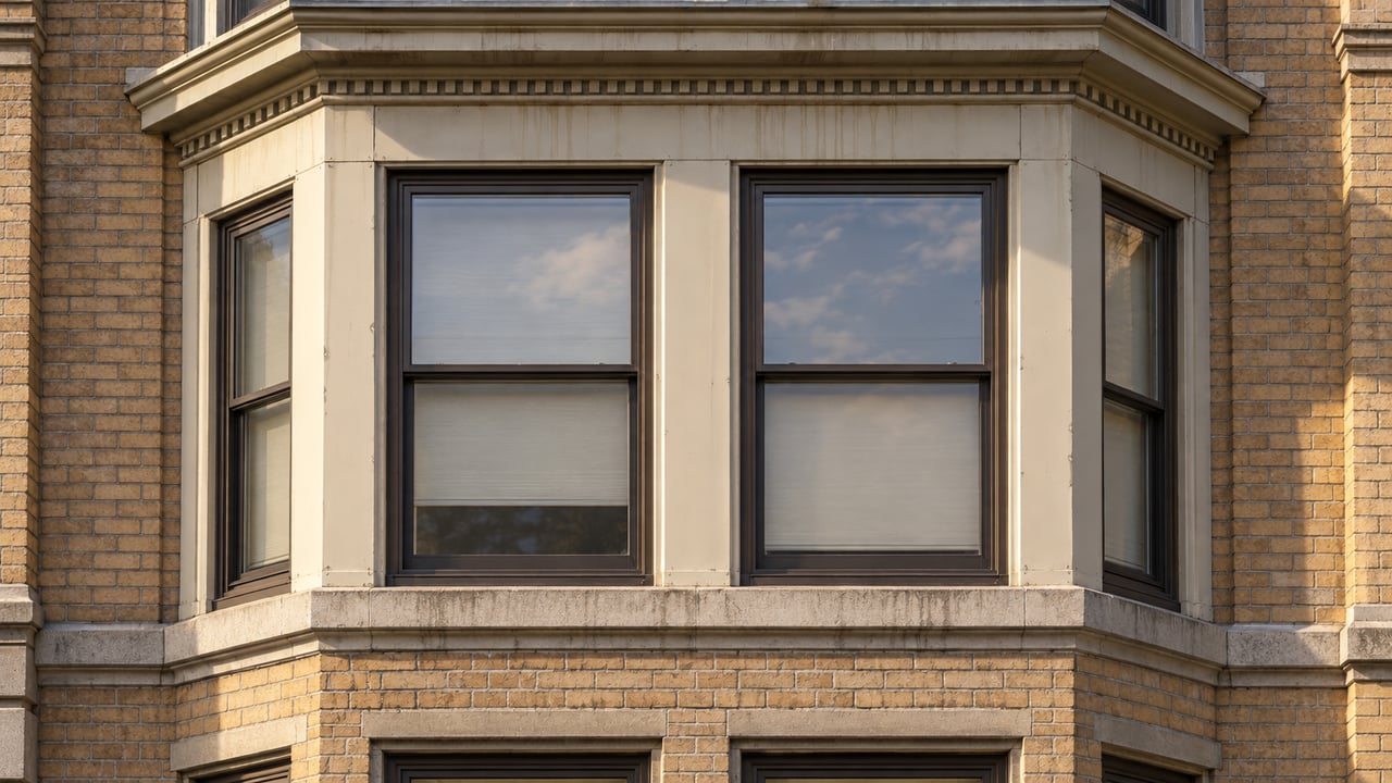 Sunlight catches an ivory metal window bay, dark bronze windows and weathered limestone sills on a honey-buff brick residential facade.
