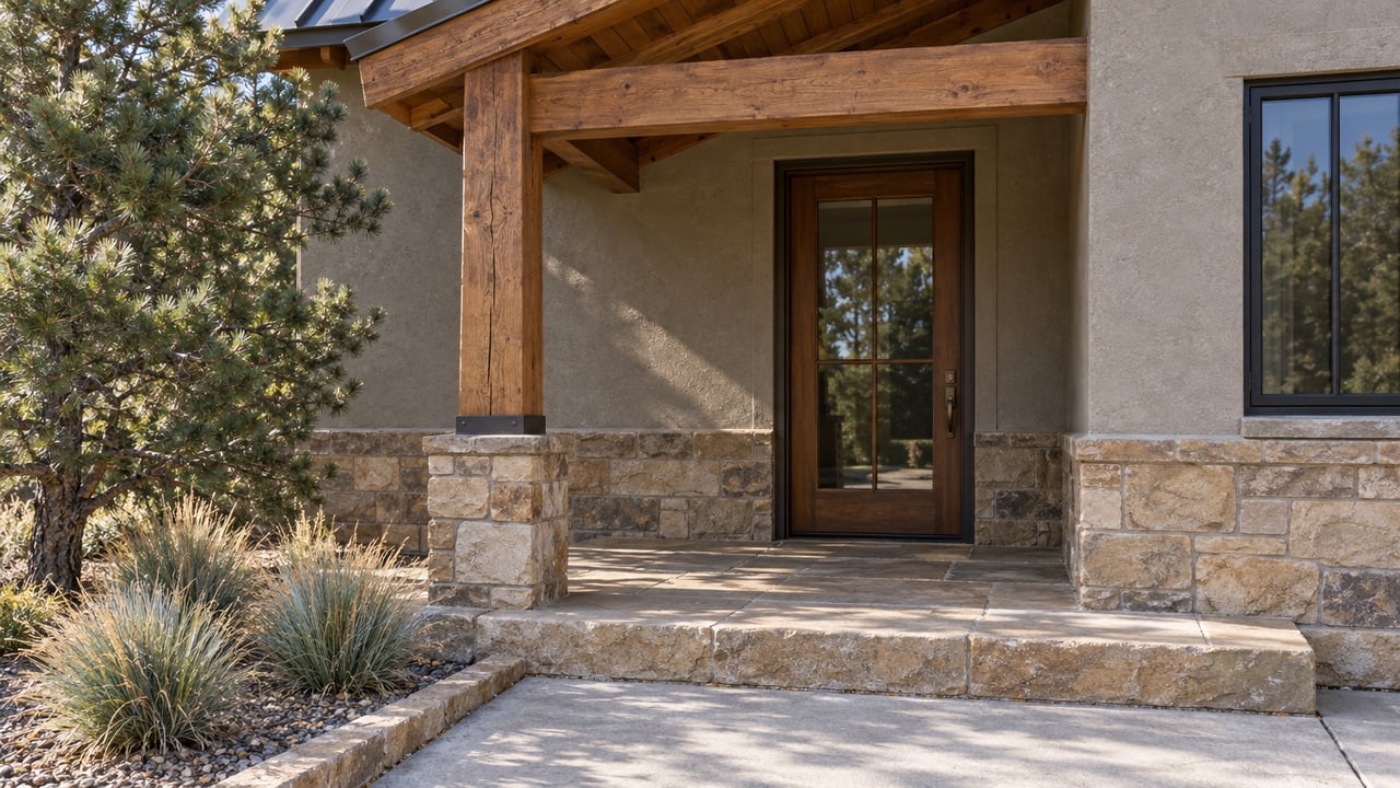 Timber-covered home entry with a glazed wood door, buff stone steps, gray stucco and a sculptural pine beside the approach.