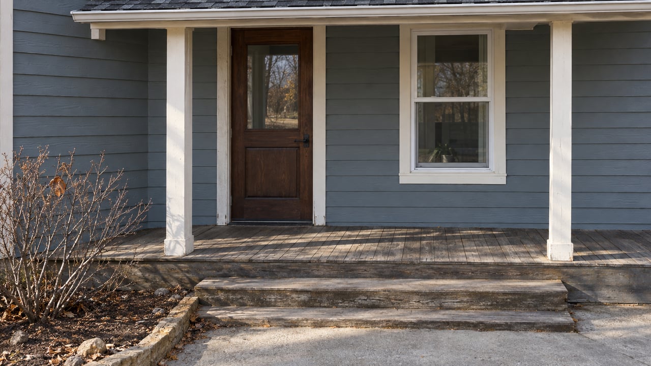 Blue-gray wood-sided home with a weathered covered entry, timber steps and a small dormant currant bed.