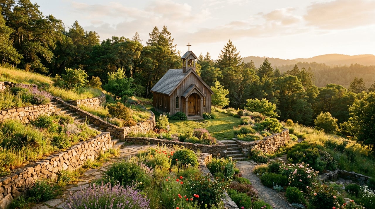 White chapel-like structure beyond a terraced garden with stone steps and wooden benches.
