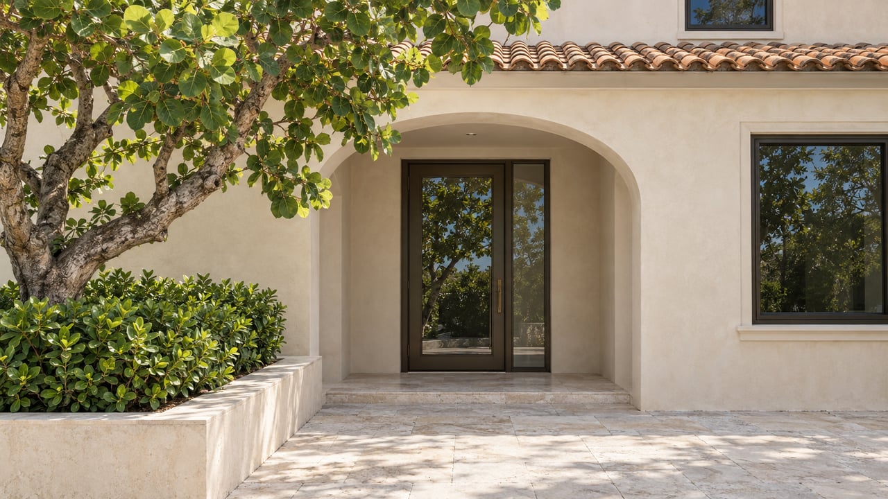 Cream stucco coastal home with a recessed arched entry, bronze-framed glass door, terracotta roof tiles, and leafy tree.
