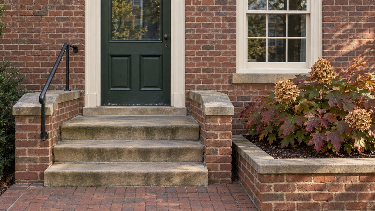 Close view of a brick rowhome entrance with a dark green door, worn sandstone steps and burgundy oakleaf hydrangea beside the approach.