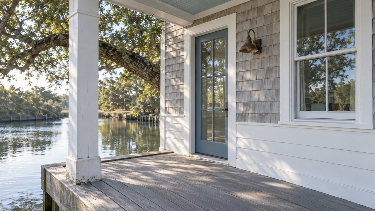 Covered porch with cedar shingles, a glazed door, and a timber curb above a narrow canal.