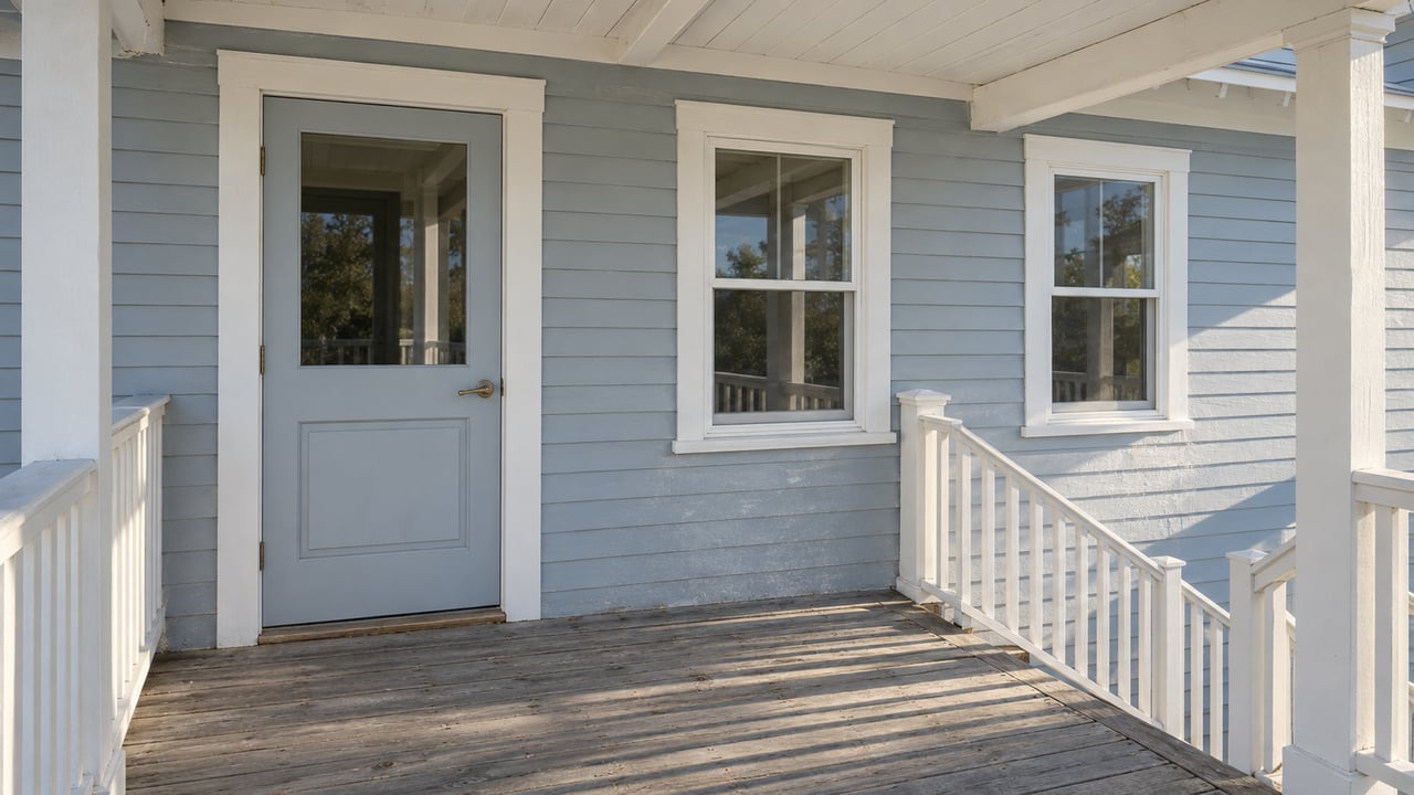 Sunlight crosses a weathered timber porch beside a pale blue-gray raised home's glazed entry and white stair railings.