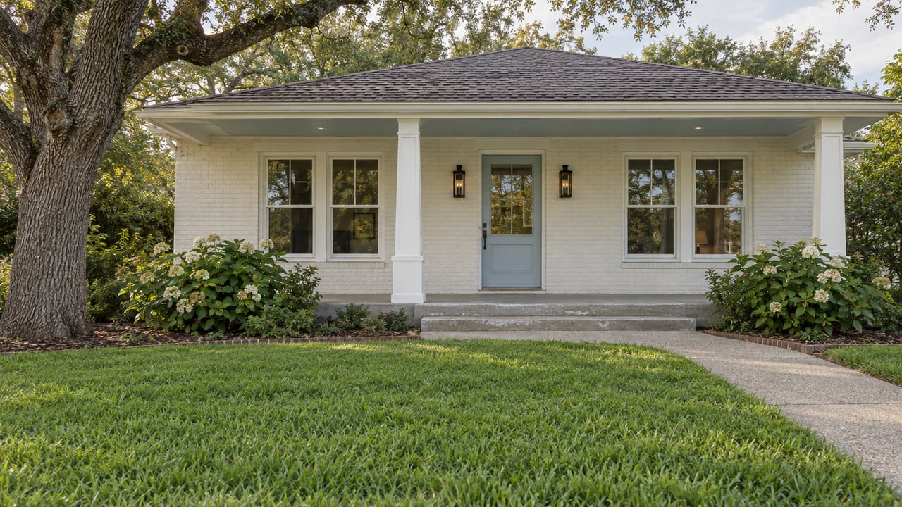Pale brick single-story home with a covered porch, deep front lawn, mature live oak and a concrete entry walk.