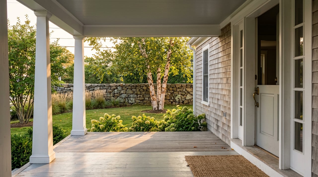 View from an open front door across a covered porch to a birch tree, lawn, and low stone wall.