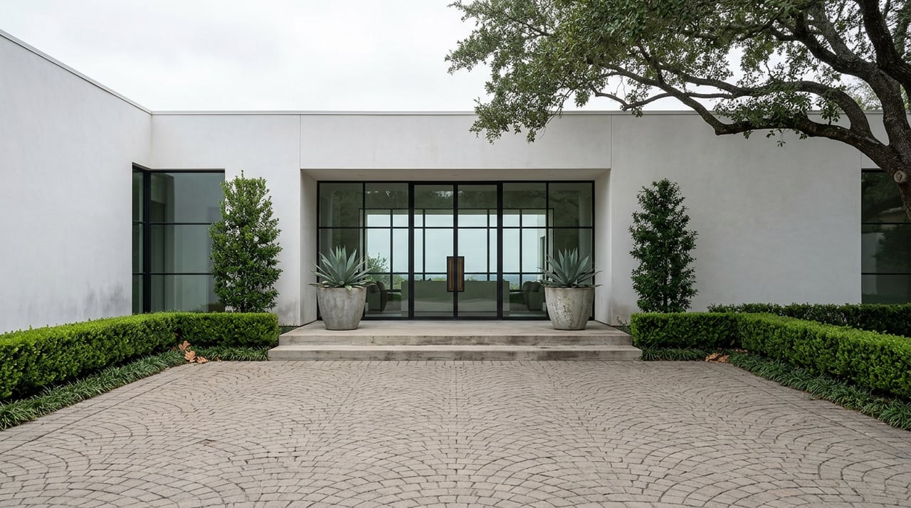 Contemporary stucco entry with black-framed glass, agave planters, clipped hedges, and a broad live oak canopy.