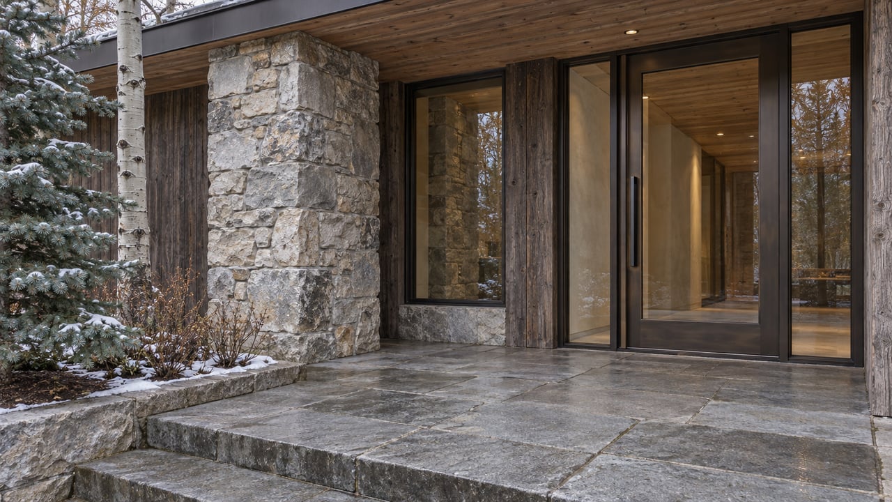 Snow-dusted fir branches beside a limestone and stained-timber home entry, with bronze-framed glazing and broad stone steps.