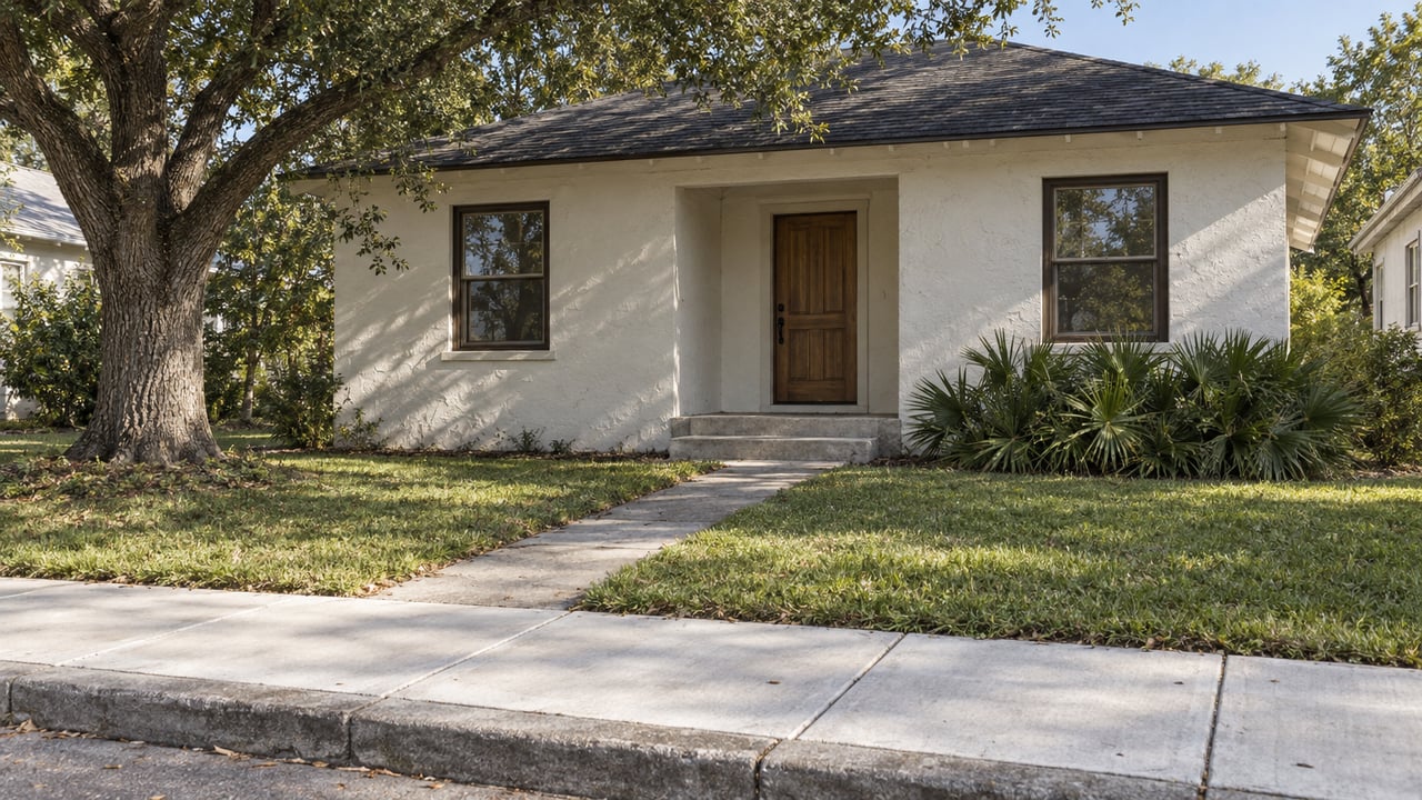Modest stucco house with a wood door, shaded by an oak beside a broad concrete sidewalk.