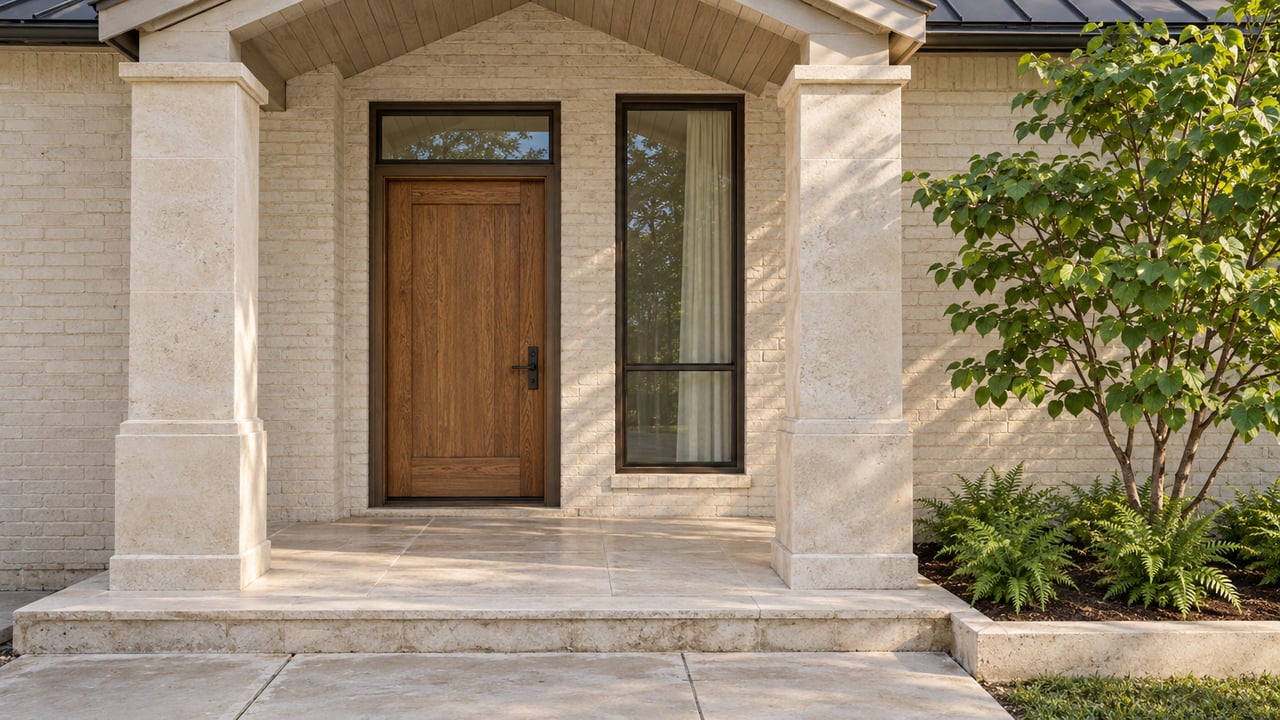 Light brick home entrance with a wood door, covered porch, stone steps, and leafy landscaping.