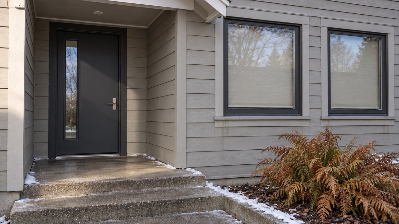 Gray lap-sided home entry with a sheltered charcoal door, paired windows, damp concrete steps, and traces of autumn snow.