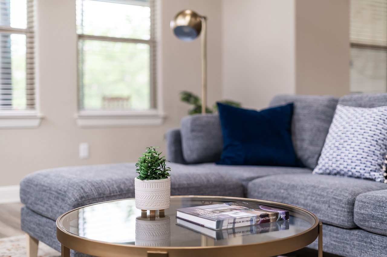 Living room with a gray sectional, navy pillows, and a potted plant on a glass coffee table.