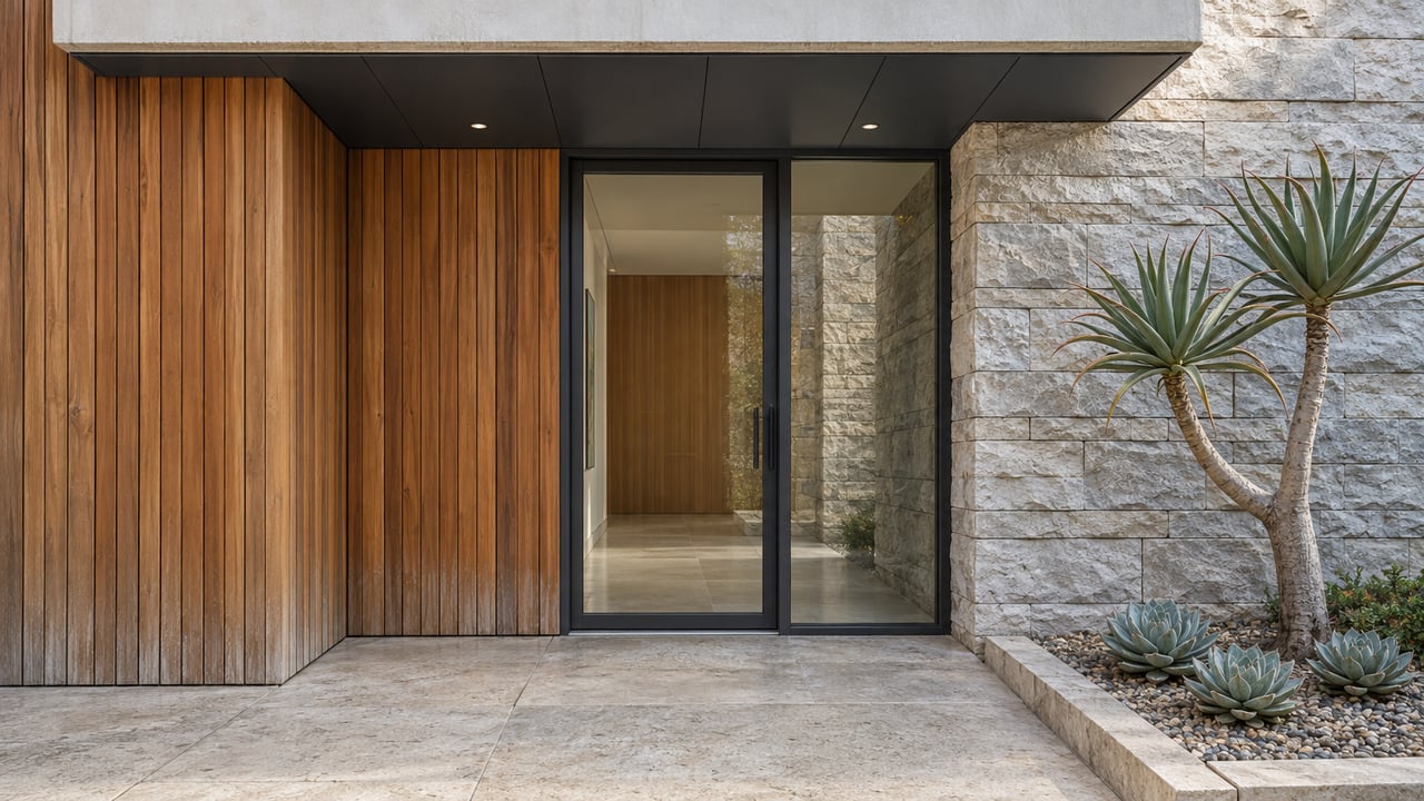 Contemporary home's recessed glass entry beneath a cantilever, with weathered cedar, textured limestone and sculptural succulents.