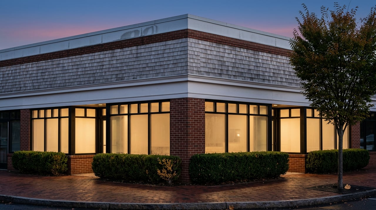 Brick-and-shingle corner storefront glows at blue hour, warm windows beneath its gray-shingled upper story.