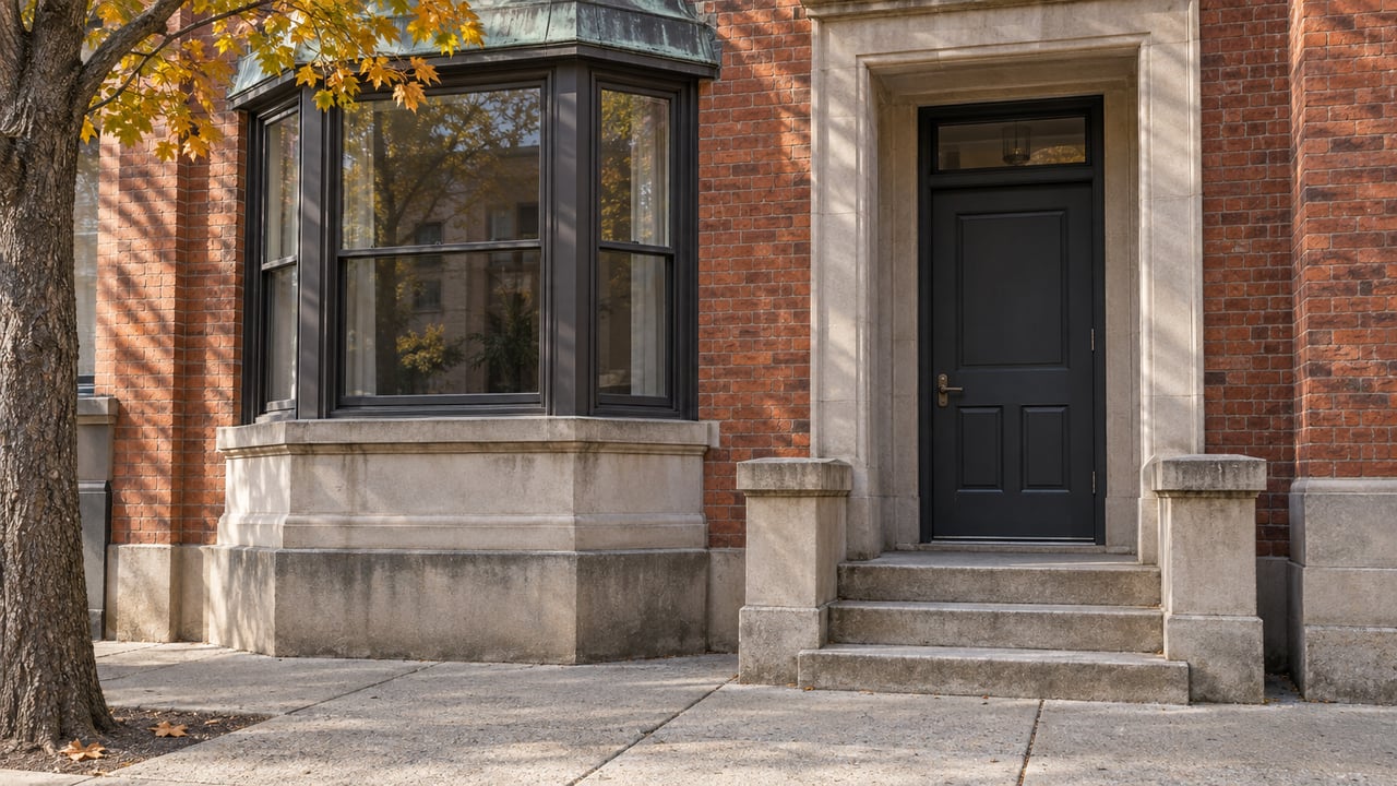Warm brick townhouse facade with limestone steps, a recessed dark door and projecting bay windows beneath autumn maple foliage.