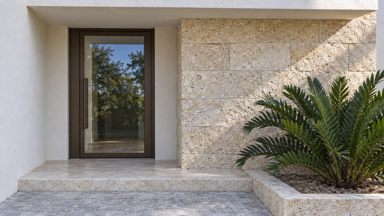 Sunlit white-stucco home entry with a bronze-framed glass door, shell-rich limestone pier and one coontie plant beside a stone landing.
