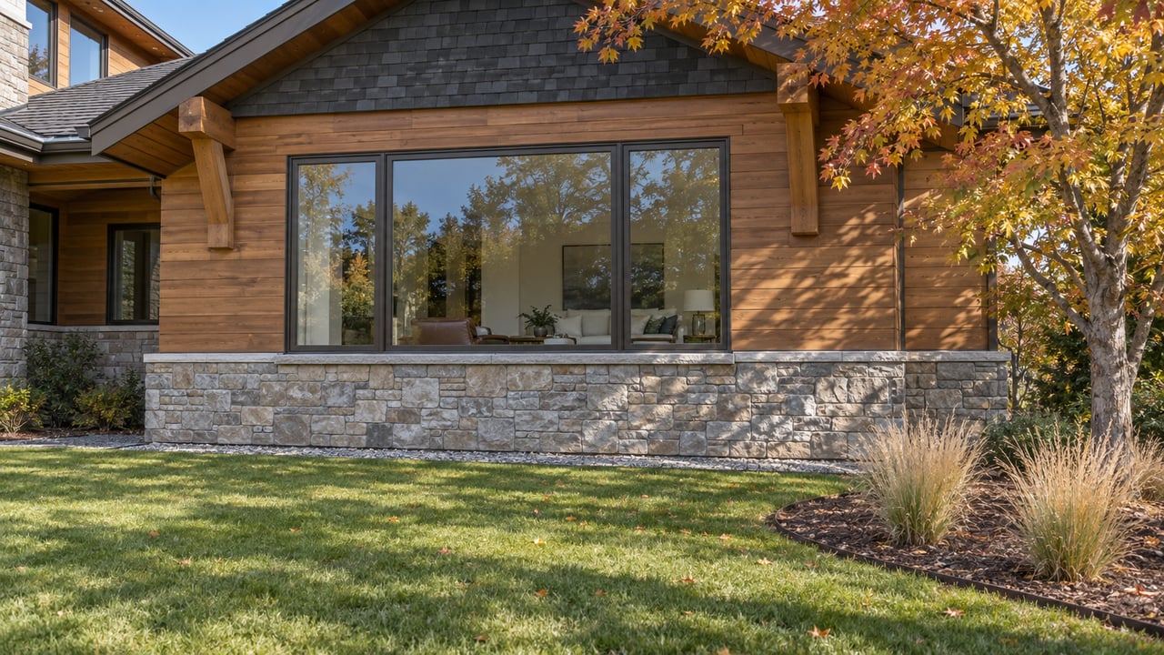 Stone-and-cedar home with a broad gable, large glazed windows, autumn maple and a deep foreground lawn.